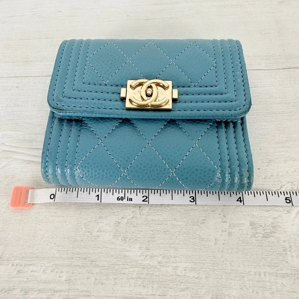 Chanel Boy Flap Wallet Light Blue Caviar Leather Gold Hardware Quilted Authentic